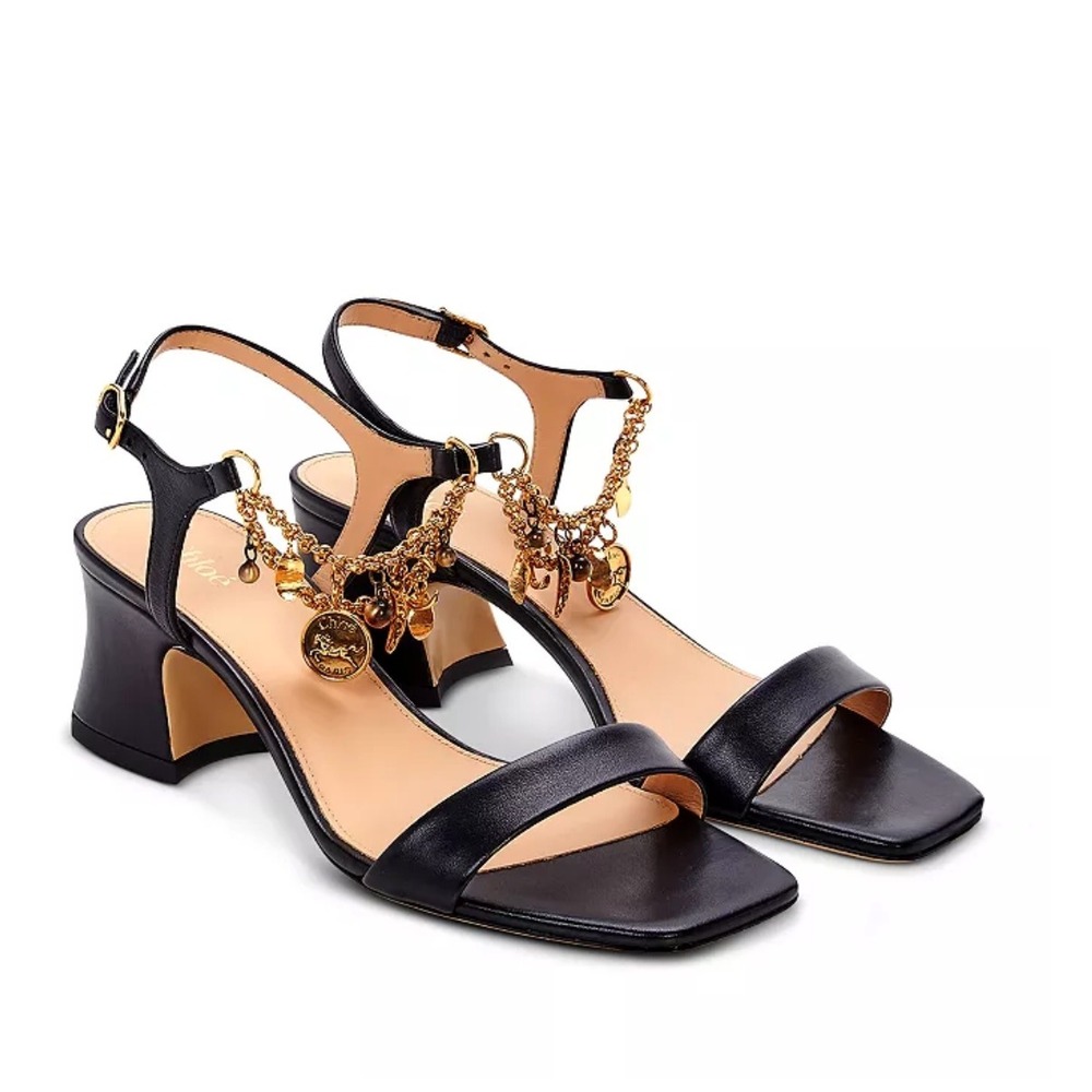 Chloe Charms Sandals Sz 39 / 9 Black Leather Chain Strap Slingback Block Heel